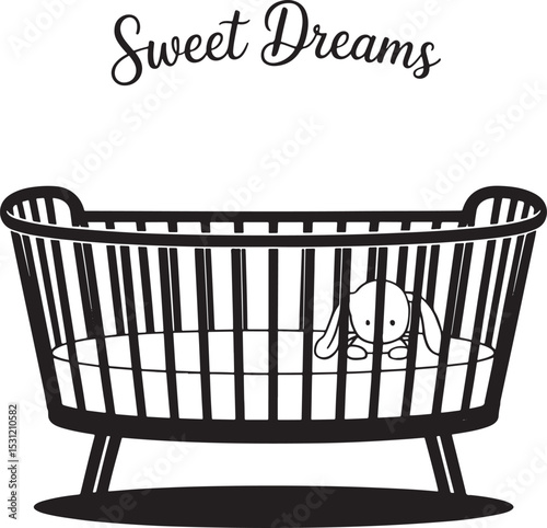Sweet dreams baby crib with a plush bunny and decorative script text in black and white