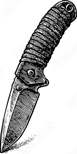 Detailed black-and-white isometric illustration of a folding knife with a textured handle and partially serrated blade in vintage engraving style, ideal for survival and EDC themes