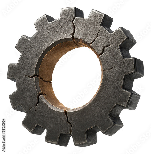 Cracked metallic gear symbolizing breakdown or malfunction on transparent background.