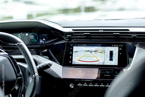 Obraz na płótnie Car's infotainment system with reverse camera display on the dashboard