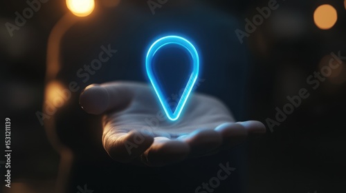 Person holding glowing map pointer in dark room. Potential use Digital navigation, technology, travel