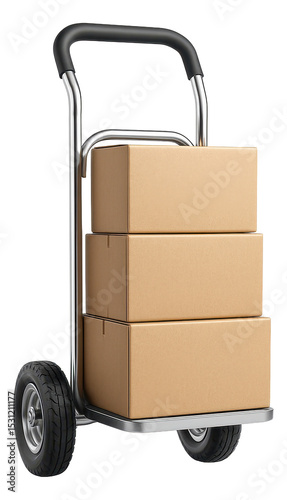 A hand truck loaded with three brown cardboard boxes, featuring sturdy wheels and a metal frame on transparent background.