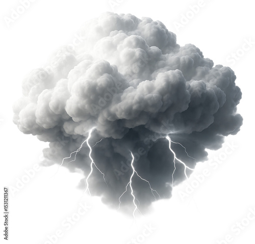 Dark storm cloud with lightning bolts emerging, symbolizing power and nature's force on transparent background.