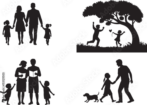 Silhouette illustrations depicting family moments of togetherness and shared experiences in monochrome