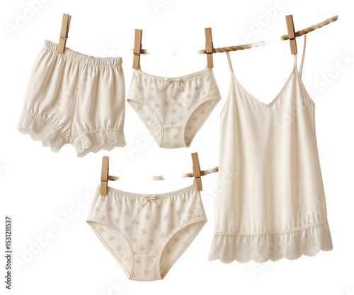 Beige lingerie set including shorts, panties, and a slip with lace details hanging on a clothesline on transparent background.