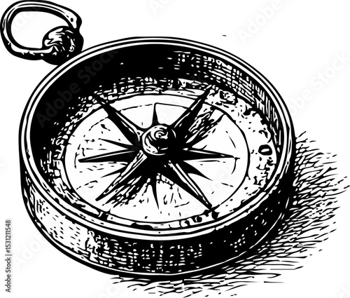 Isometric black and white illustration of a vintage compass with detailed cardinal directions and shadowed ring—drawn in hyper-realistic hand-drawn solid line engraving style