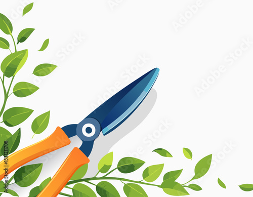 Pruning shears with bright orange handles trimming green foliage, placed creatively on a clean white background with space for text, perfect for gardening themes.