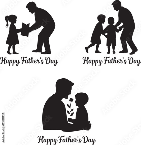 Silhouette illustrations celebrating fatherhood and family bonds with children and father's day wishes