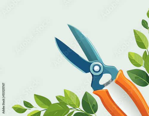 Minimal garden tools concept showing pruning scissors and fresh leaves, simple artistic layout with empty space on the left for headline or branding.