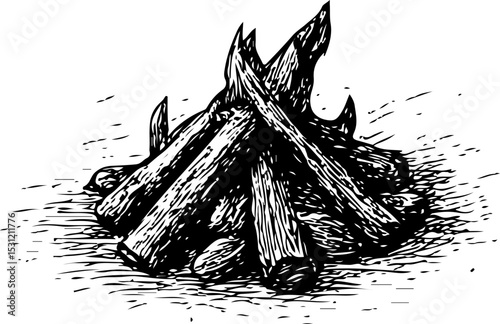 Isometric black and white solid illustration of a campfire with stacked logs and glowing flame—rendered in hyper-realistic hand-drawn engraving style for outdoor and survival themes