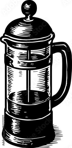 Isometric black and white illustration of a French press with lid, handle, and plunger—drawn in hyper-realistic hand-drawn style using bold solid lines and intricate shadow detailing