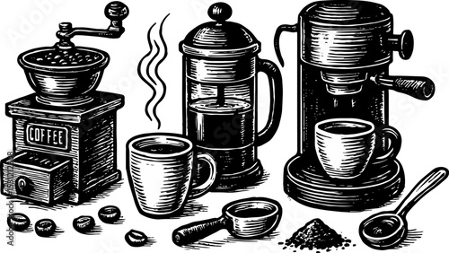 Detailed hand-drawn illustration of classic coffee tools: grinder, espresso machine, French press, beans, and steaming cup—rendered in solid black-and-white engraving style