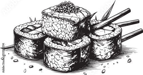 Hand-Drawn Sushi Rolls and Chopsticks