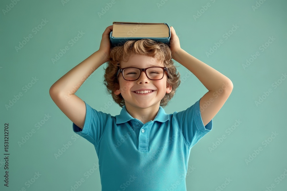 Fototapeta premium Boy with a book on his head smiles brightly.
