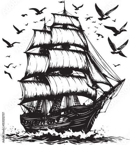Hand Drawn Vintage Sailing Ship on Ocean Waves with Birds