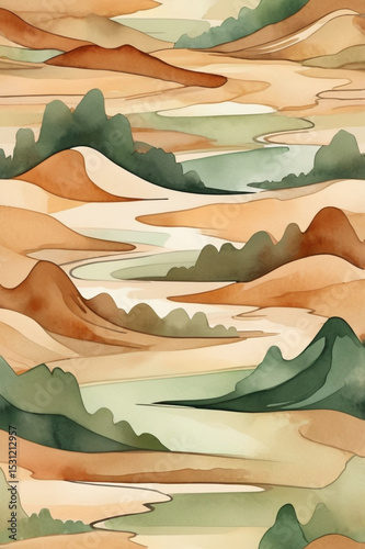 Watercolor Abstract Landscape of Rolling Green and Earth Tone Hills with Nature Inspired Design for Wall Art and Backgrounds