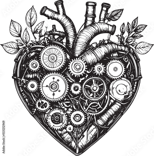 Vintage Engraving Style Bio-Mechanical Heart Art