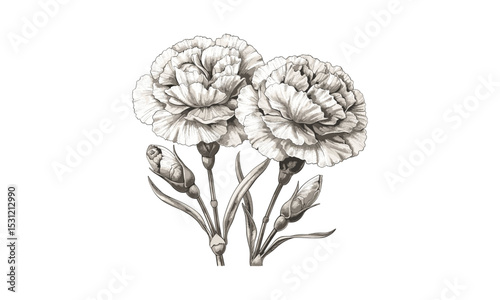Carnation Flower Vector Illustration, floral art, colorful blossoms, pink carnations, detailed flowers, botanical design, decorative floral, vibrant garden, blooming petals, spring flowers.