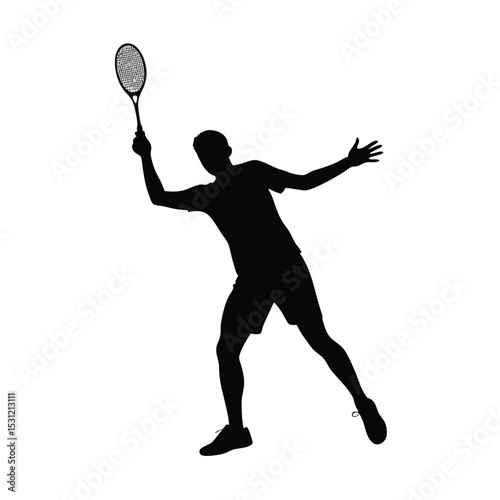  black silhouette of a badminton player  serving , vector on white background