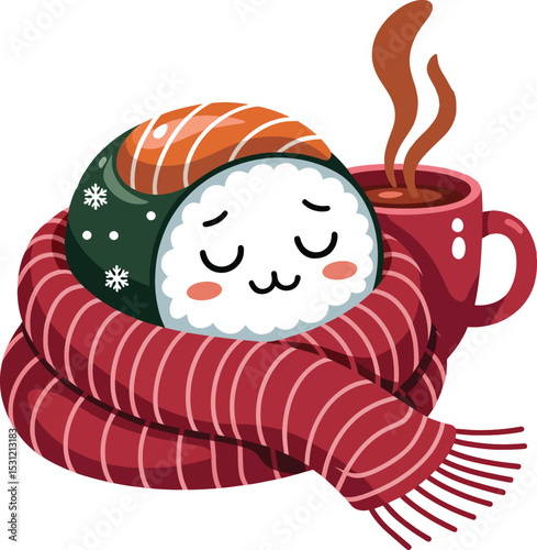 Cute sushi character wrapped in a warm scarf enjoying a cup of hot chocolate for comfort