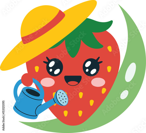 Cute strawberry character with a yellow hat watering a plant in a garden illustration
