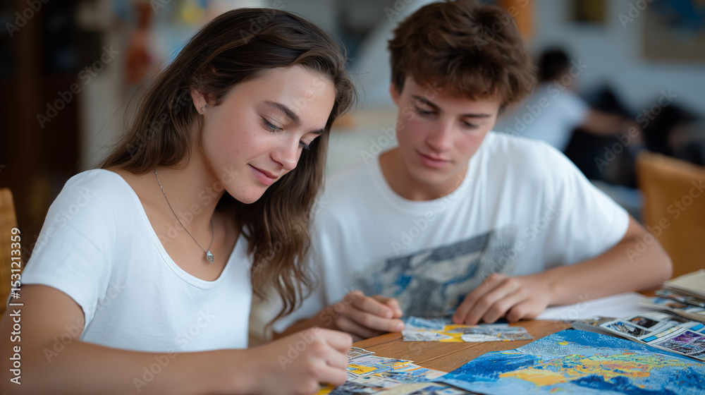 Fototapeta premium Global Pen Pal Exchange: Teens Writing Colorful Letters with Stickers