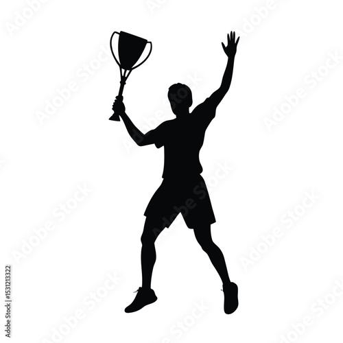  black silhouette of a badminton player  holds a trophy with raised hands