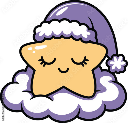 Cute sleeping star cartoon wearing sleep cap and resting on a cloud vector illustration
