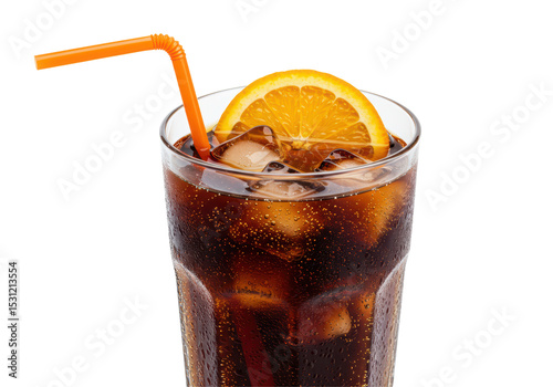 Isolated Fizzy Cola Drink with Orange Slice and Straw