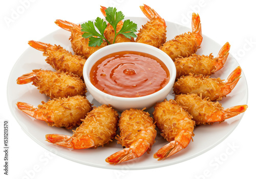 Isolated Plate of Crispy Coconut Shrimp with Sweet Chili Sauce
