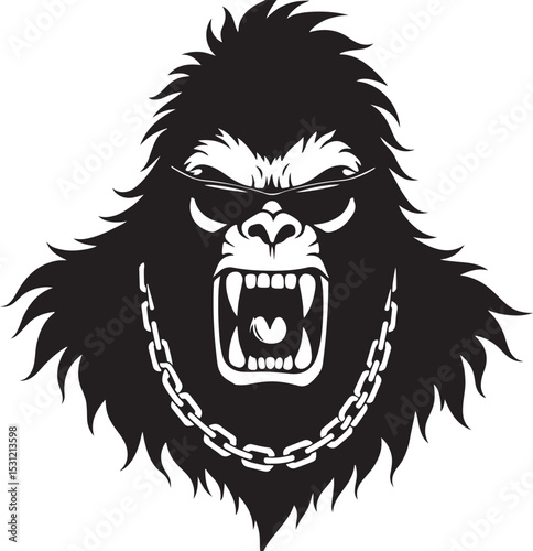 Vector Illustration Of Enraged Bigfoot Head With Sunglasses And Necklace On White Background