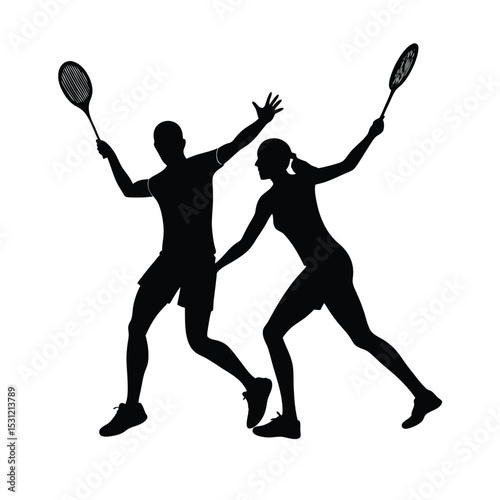  black silhouette of a mixed doubles badminton team in dynamic pose with rackets