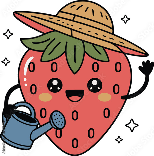 Cute cartoon strawberry character wearing a straw hat and holding a watering can.