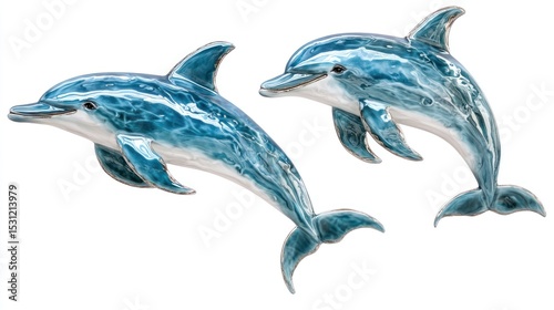 Two dolphins jumping, isolated on white background. Possible use Decorative artwork