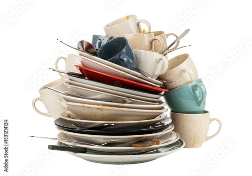 Isolated Stack of Dirty Dishes with Plates, Cups, and Silverware