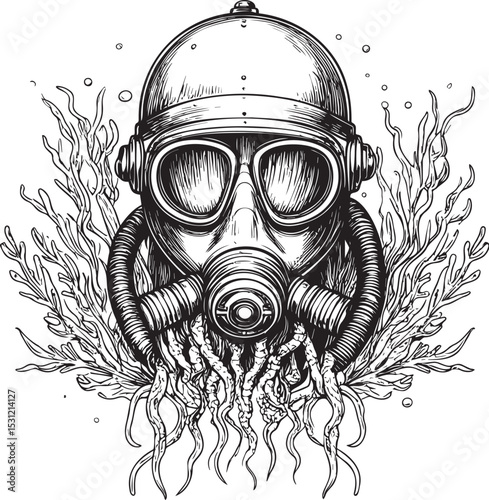 Black and White Sketch of a Sci-Fi Underwater Respirator