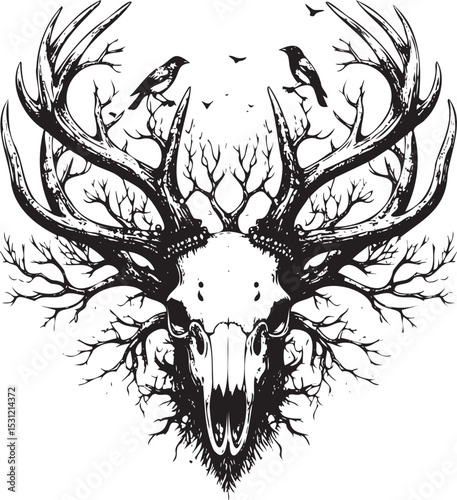 Deer Skull and Tree Branches Illustration