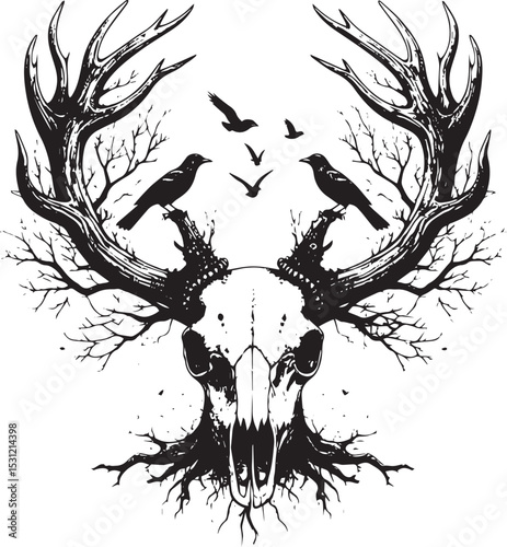 Deer Skull with Antlers and Tree Branches Illustration