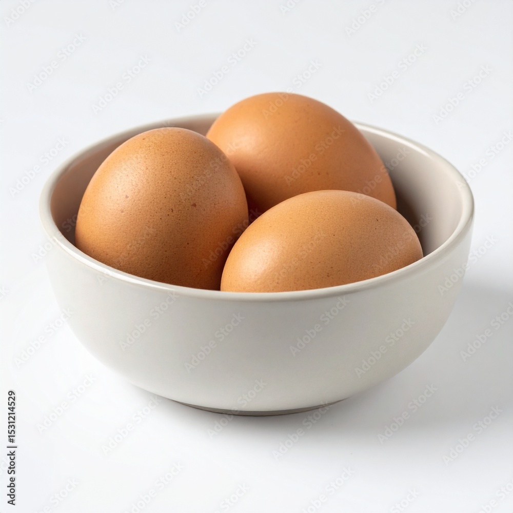 shows three brown eggs in small ceramic bowl shows three brown eggs in small ceramic bowl