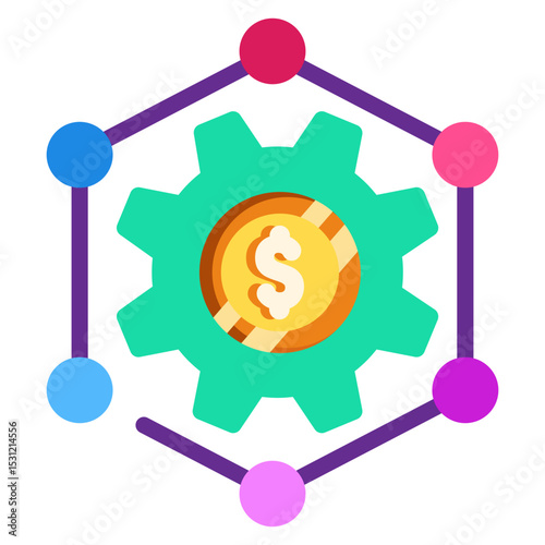 Made in uk a gear vector icon flat style with a dollar sign inside connected to six circles symbolizes interconnected business growth.
