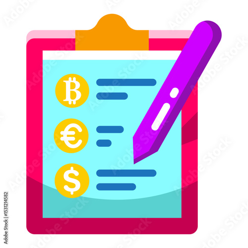 Made in uk a clipboard with a pen and currency symbols vector icon flat style.