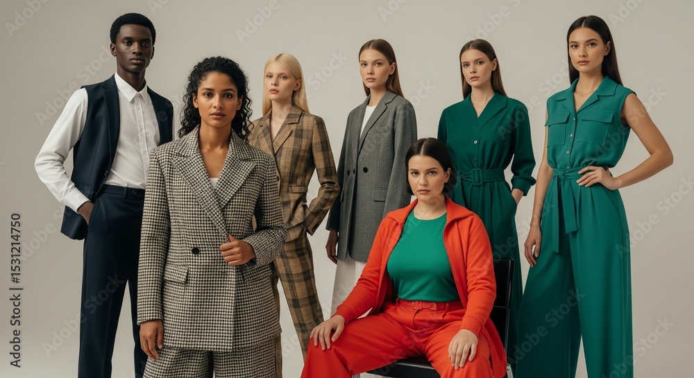 Fototapeta premium Inclusive fashion group- diverse body types and ethnicities in coordinated outfits