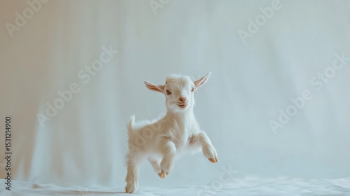 White Goat Kid Jumping; Soft Background; Studio Shot; Adorable; Ideal for Baby Animals Stock