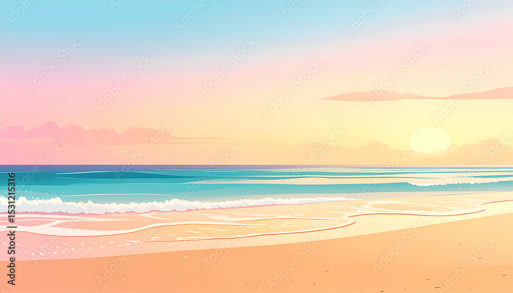 Pastel Sunset Over Ocean Beach Scene Pastel Sunset Over Ocean Beach Scene