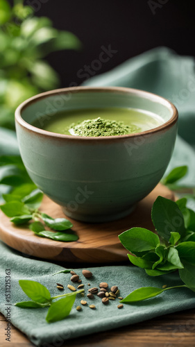 Clay facial mask in ceramic bowl, vertical 9:16 composition on spa towel background, surrounded by wooden spatula and green tea leaves,