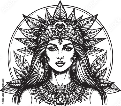 Hand-Drawn Boho Woman with Feather Headdress