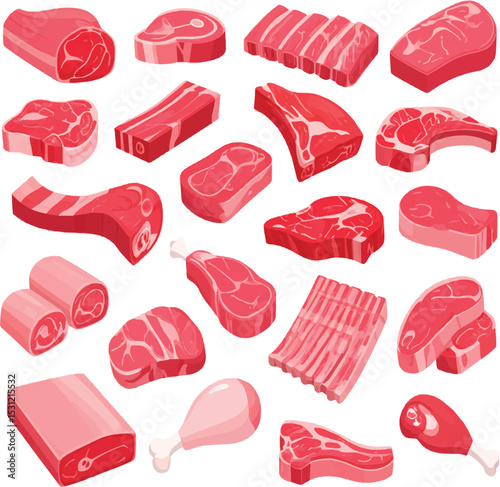 Assorted cuts of raw meat displayed in a colorful and appetizing manner on transparent background