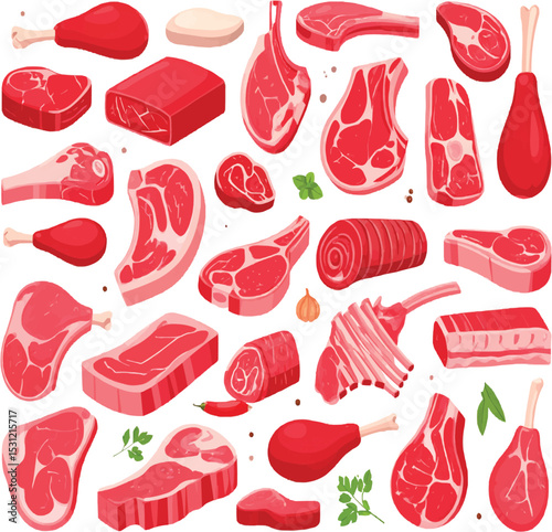 Assorted raw meat cuts arranged for culinary use and food preparation ideas on transparent background