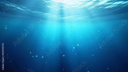 Tranquil underwater scene with sun rays penetrating through the water surface with organic particles floating around
