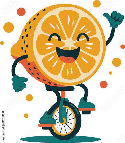 Cheerful cartoon citrus fruit riding a unicycle with happy face and thumbs up gesture